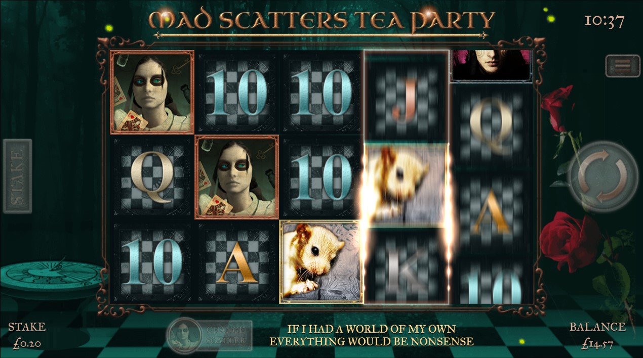Scatter symbols appear on reels 1 and 2 during Mad Scatters Tea Party online slot game