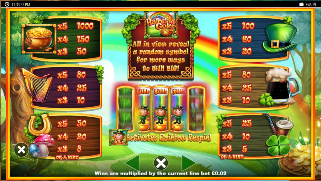 Paytable information from Blueprint Gaming’s Slots O’ Gold slot online