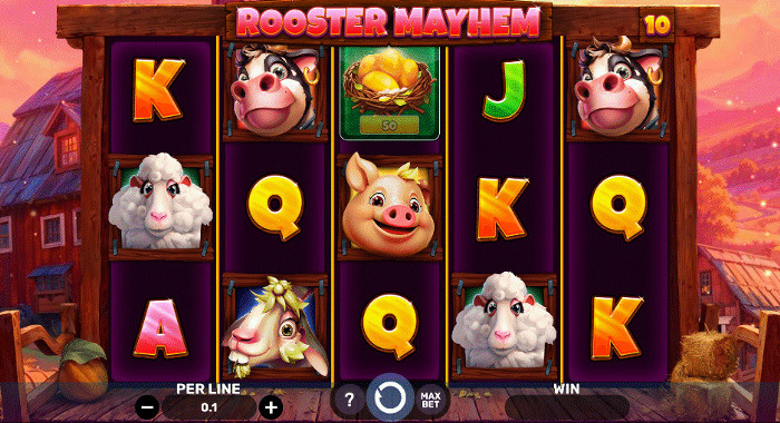 Rooster Mayhem slot with 10 paylines, farm animal symbols, and golden egg instant cash symbols