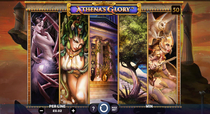 Athena's Glory slot with 50 paylines, a dark and mysterious backdrop, and mythological symbols