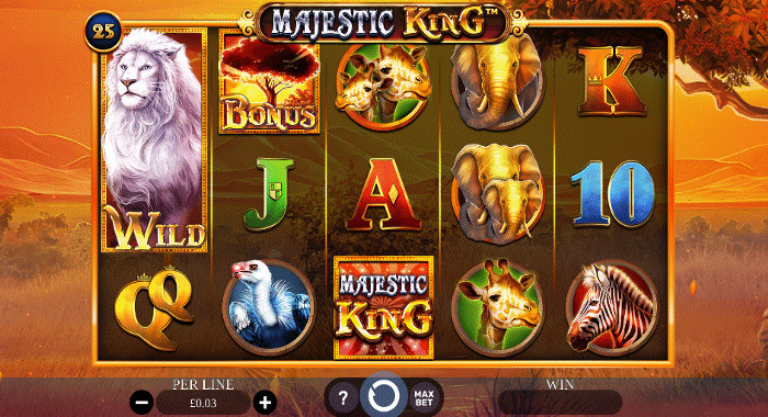 Majestic King slot with 25 paylines, savannah theme, and lion, zebra, giraffe, elephant, and vulture symbols