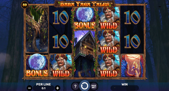 Baba Yaga Tales slot with 50 paylines, a dark and spooky forest backdrop, and symbols of folktales and legends