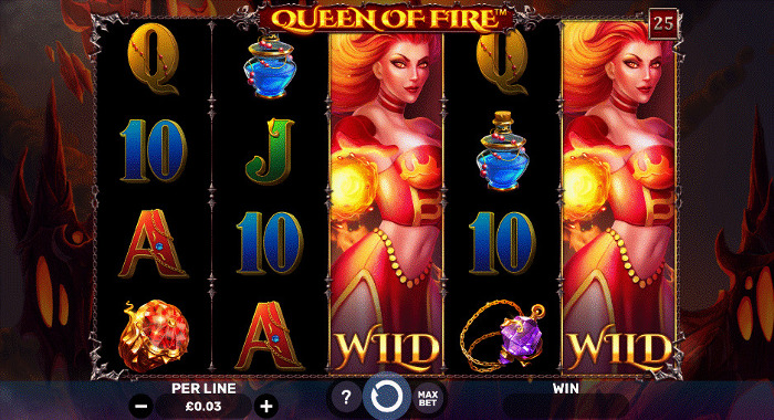 Queen of Fire slot featuring a fiery redhead, a lava cave backdrop, and gem and potion symbols