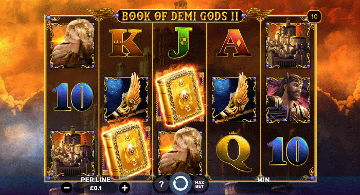 Book of Demi Gods II slot with 10 paylines, an orange sky backdrop, and book and gods symbols