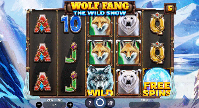 Wolf Fang The Wild Snow slot with 5 paylines, an icy tundra backdrop, and wolf, fox, polar bear, and moon symbols