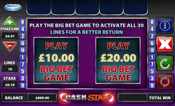 Information screen for the Cash Stax slot Big Bet Game
