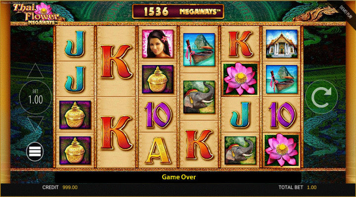 Thai Flower Megaways base game showing high card values, and lotus, elephant, boat and gold pot symbols on the reels, and the number of ways to win at the top.