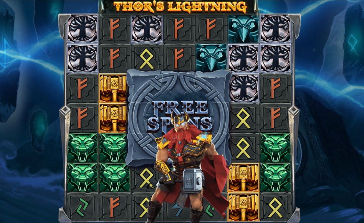 Thor character appears during spin of Thor’s Lightning online slot
