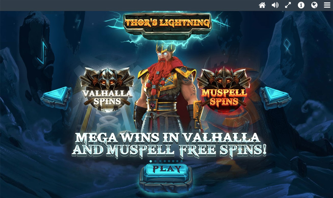 Intro screen from Thor’s Lightning online slot showing Free Spins bonuses 