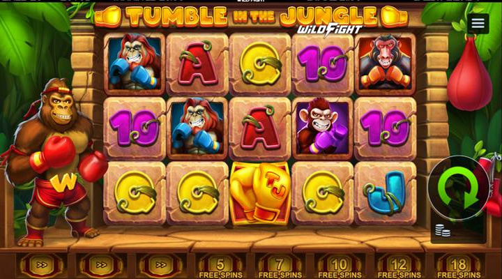 The Tumble in the Jungle Wild Fight reels, with a gorilla in boxing gloves to the side and the free spins trail beneath the reels