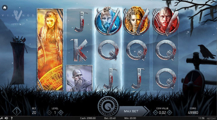 Vikings base game showing J, Q and K card value symbols, a stacked Lagertha symbol on reel 1, and Bjorn, Ragnar and Floki character symbols on the other reels.