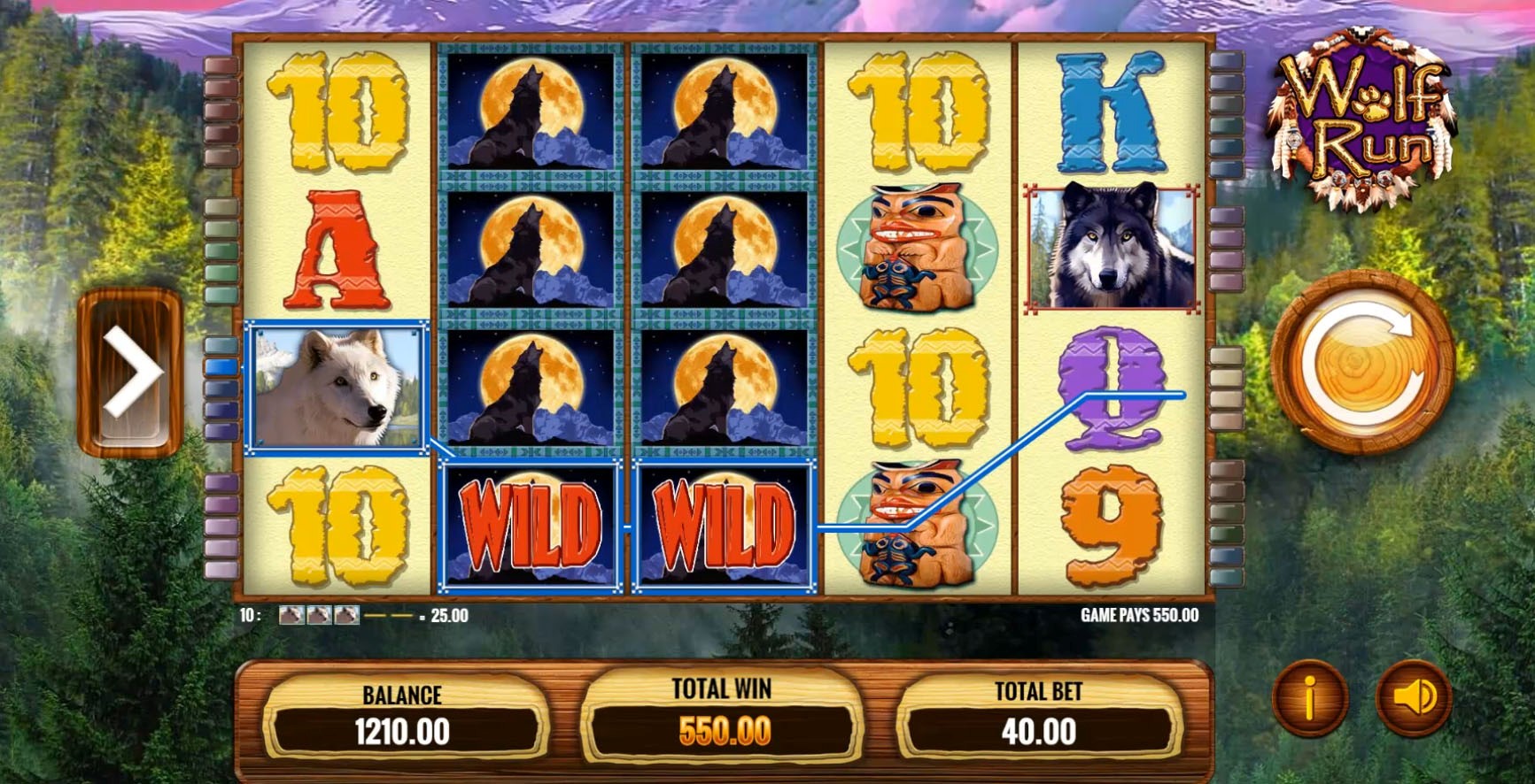 A set of 4 Stacked Wilds on reels 2 and 3 of the Wolf Run slot on iPhone