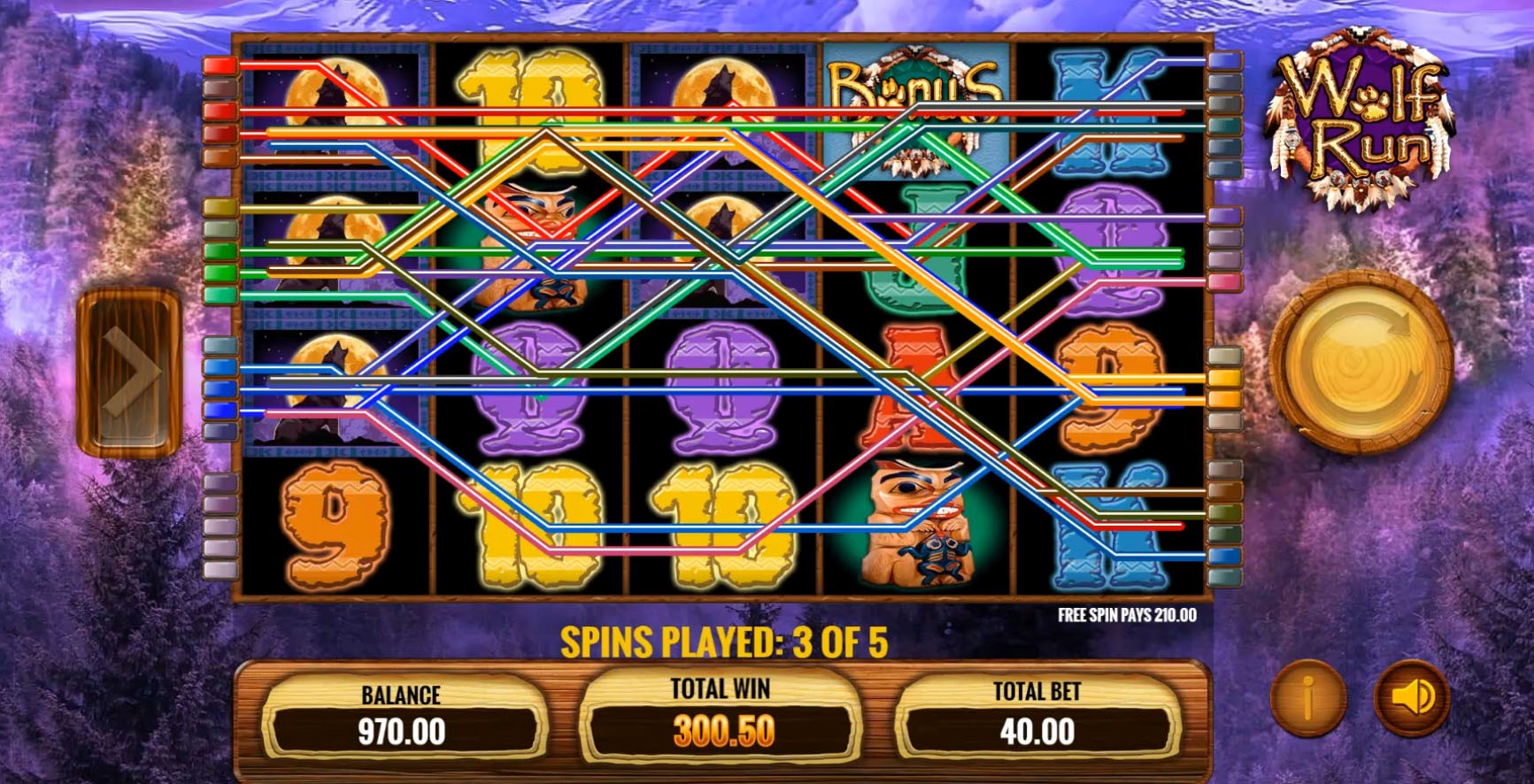 A Free Spins bonus round in progress on the mobile version of IGT’s Wolf Run slot machine