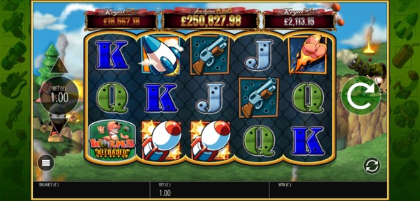 Worms Reloaded slot reels featuring symbols and progressive jackpots