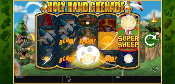 Holy Hand Grenade bonus feature adds bonus symbols to the reels during Worms Reloaded slot game