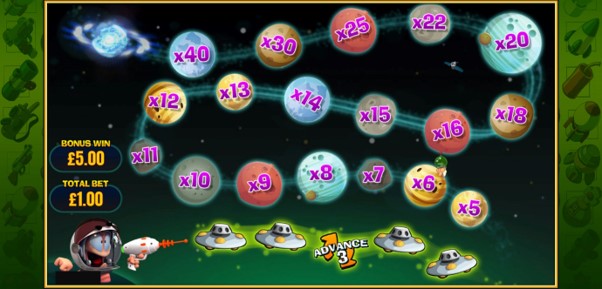 Advance to bigger multipliers during space-themed cash trail bonus game from Worms Reloaded slot