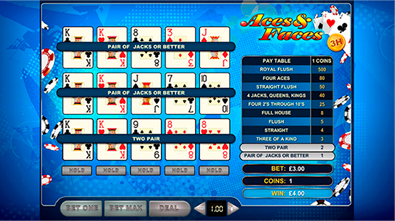Three winning hands during a game of Aces & Faces video poker