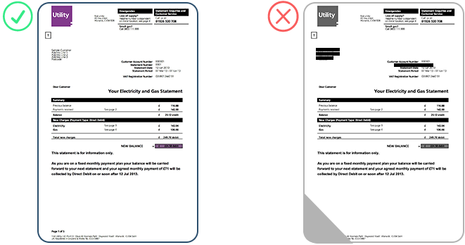 Comparison of valid and invalid documents indicating the proof of address