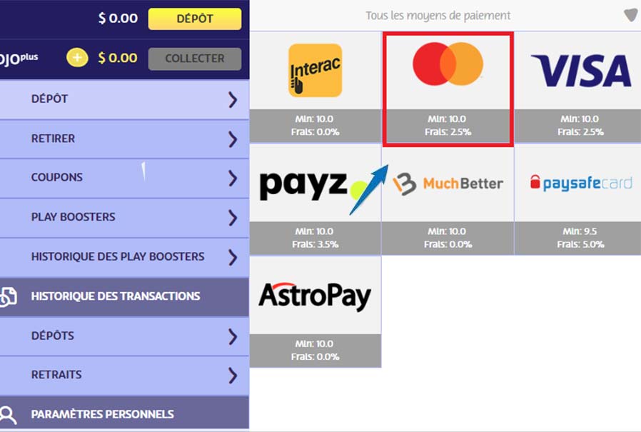 dépôt avec Mastercard