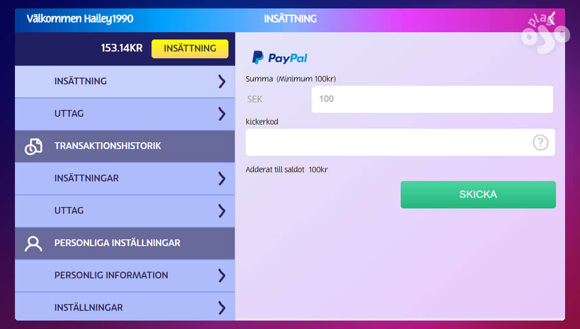 Paypal as payment method in PlayOJO deposit