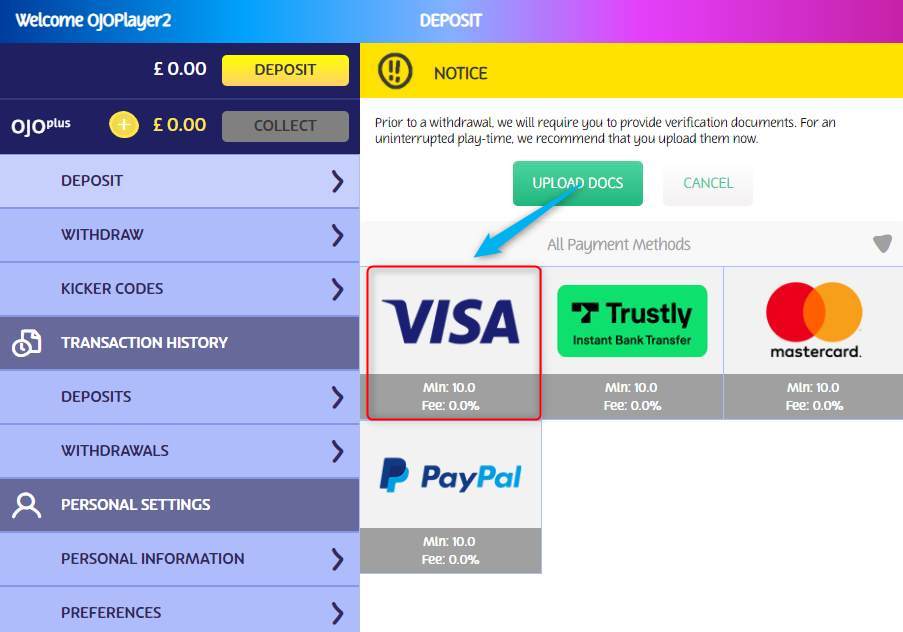Faire un dépôt de casino avec Visa sur PlayOJO