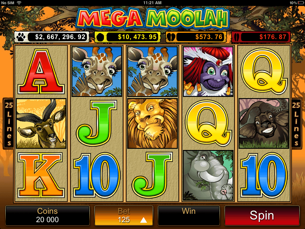 Mega Moolah mobile slot screenshot with bet buttons, animal symbols and jackpot feeds