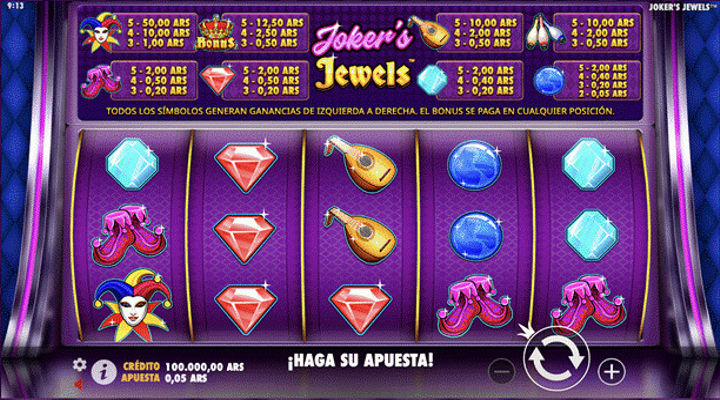 Pantalla del juego que muestra todos los símbolos de Joker's Jewels
