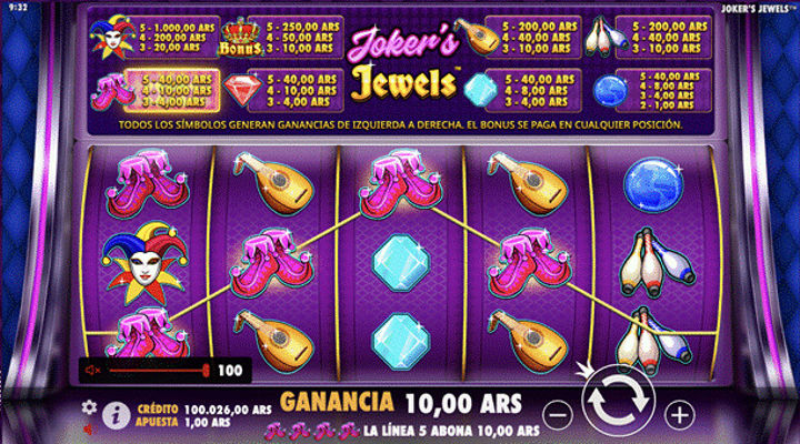 Pantalla del juego Joker's Jewels donde muestran las líneas de pago