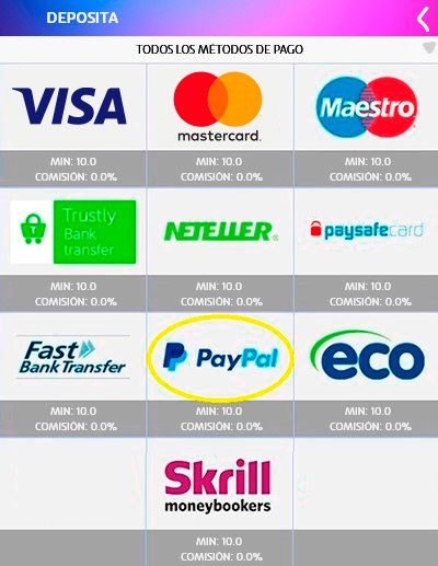 PASO 2 para depositar con PayPal: Elige PayPal
