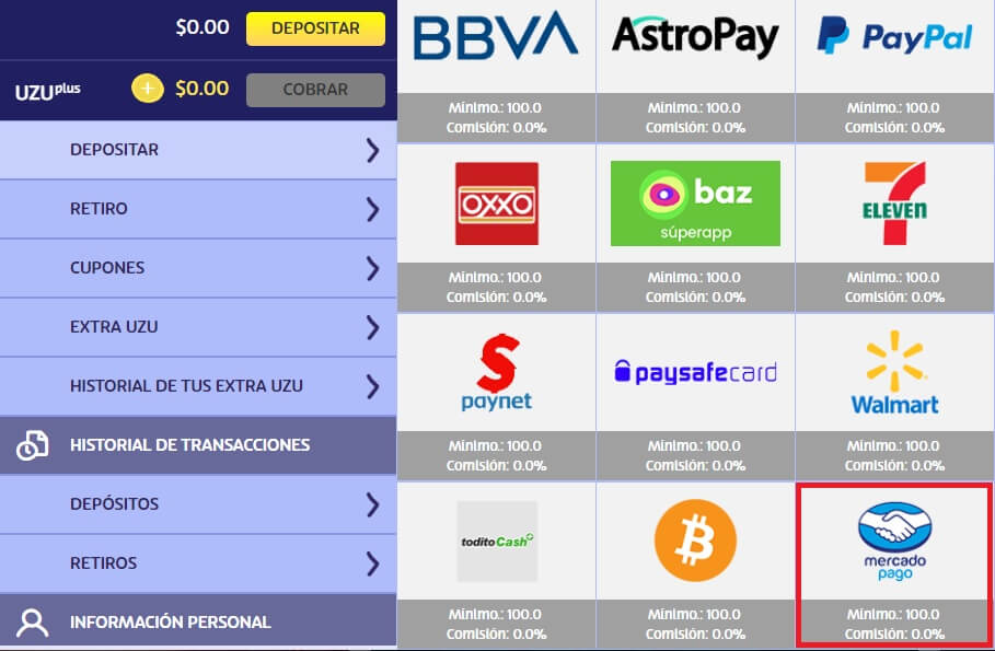 Página de pagos de PlayUZU con la opción de Mercado Pago resaltada.