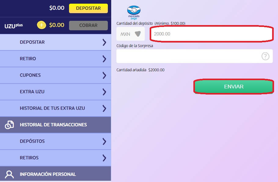 Página de pagos de PlayUZU con Mercado Pago con la casilla de monto y el botón de enviar resaltados