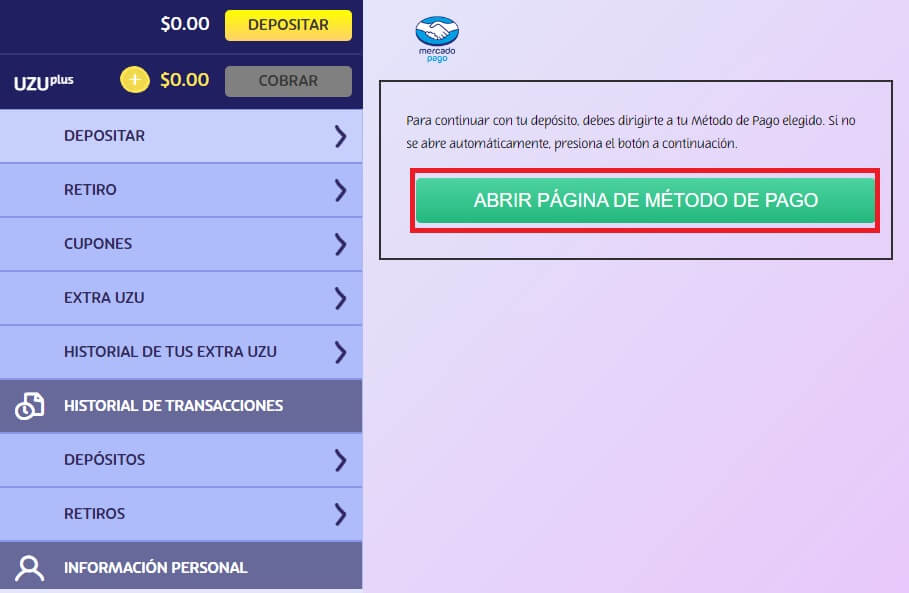 Página de pagos por Mercado Pago en PlayUZU con el botón de abrir página de método de pago resaltado