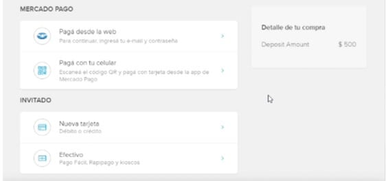 Página de selección de método de pago de Mercado Pago