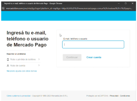 Página de inicio de sesión de Mercado Pago