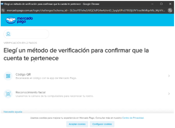 Página de verificación en dos pasos de Mercado Pago