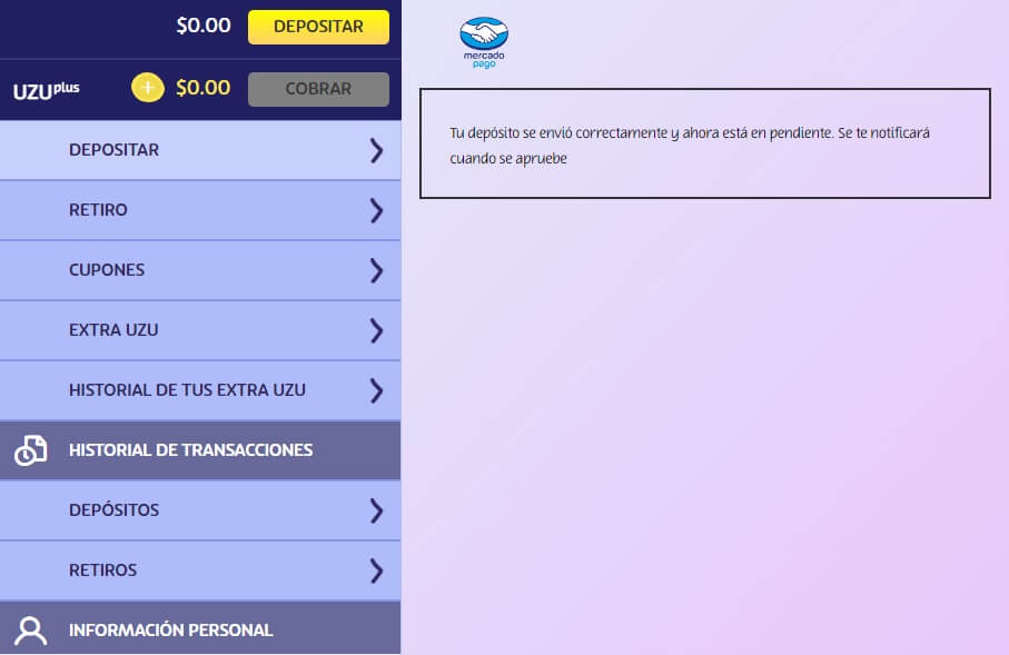 Mensaje de confirmación del envío de pago a través de Mercado Pago en PlayUZU