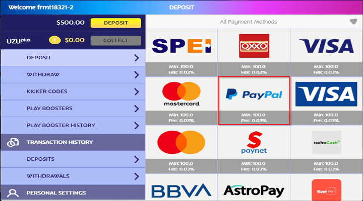 Página de pagos de PlayUZU con la opción de PayPal resaltada.