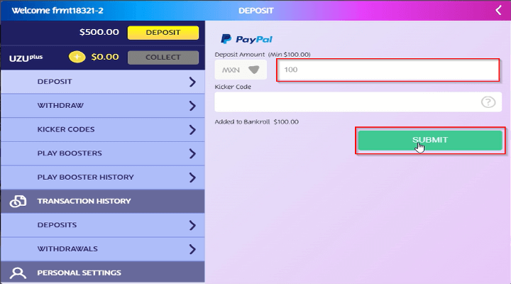 Página de pagos de PlayUZU con PayPal con la opción enviar resaltada