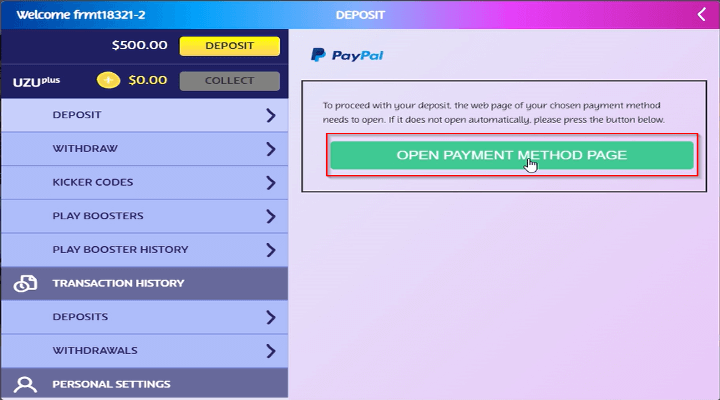 Página de pagos por PayPal en PlayUZU con la opción de Abrir la página del método de pago resaltada