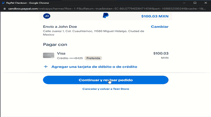 Página de selección de método de pago de PayPal con la opción Continuar y revisar resaltada
