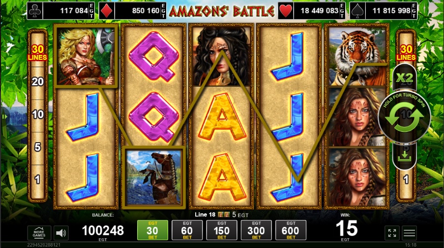 Línea de pago completa gracias a un símbolo alto y un comodín en el juego Amazons’ Battle