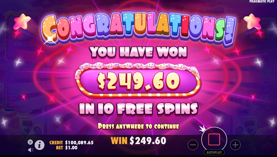 Ganancia final tras giros gratis en juego Sugar Rush slot online